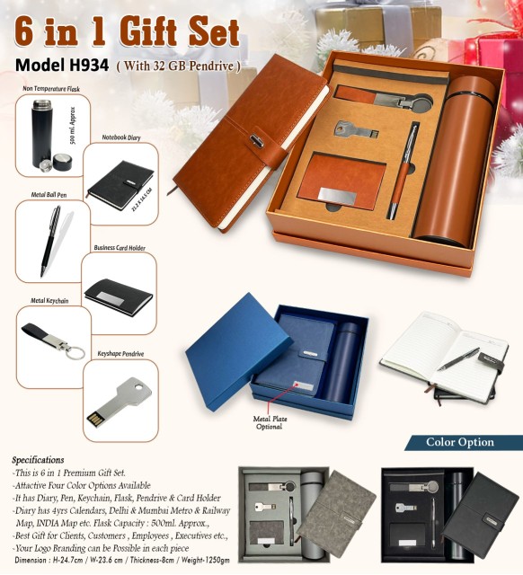 6 in 1 gift set model flask, diary, pen, card holder, keychain and pendrive